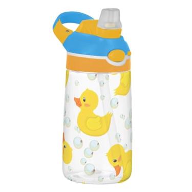 Imagem de Garrafa de água infantil Tritan de 473 ml com tampa de palha, garrafa de água esportiva portátil para escola, reutilizável, copo infantil de 473 ml, alça de transporte, lindos patos amarelos brancos