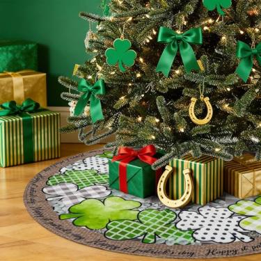 Imagem de Saia para árvore do dia de São Patrício, 91 cm, preto e branco, buffalo, xadrez, trevo, tapete para árvores do dia de São Patrício, para decoração interna e externa