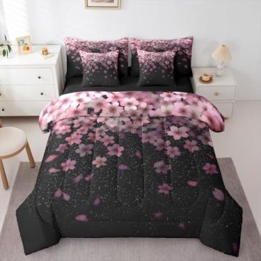 Imagem de Erosebridal Conjunto de edredom Queen de flor de cerejeira, flor rosa, 7 peças, pétalas e lençóis com céu estrelado, para decoração de quarto