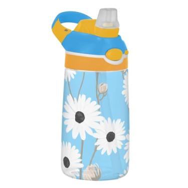 Imagem de Garrafa de água azul floral margaridas brancas para crianças 473 ml garrafa de água de plástico à prova de vazamento com tampa de canudo 473 ml copo infantil portátil Tritan reutilizável, alça de