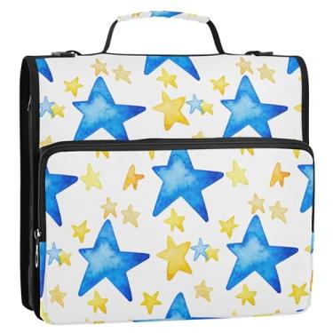 Imagem de Organizador de fichário com zíper, estrelas, azul, amarelo, azulejo branco, 3 anéis, 3 anéis, bolsa para fichário para documentos do ensino médio com alça, vários bolsos, pasta grande para portfólio