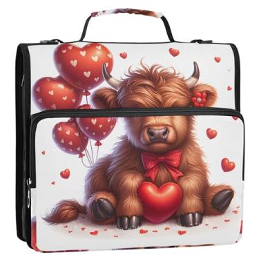 Imagem de Organizador de fichário com zíper, vaca Highland, Dia dos Namorados, fofo, 3 anéis, 3 anéis, fichários de documentos em D com alça, bolsa escolar do ensino médio, suporte para 500 folhas