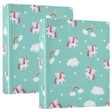 Imagem de Fichário de unicórnio voador personalizado Aqua com três anéis de 3 cm, 200 folhas, anel redondo fofo, fichário de apresentação, 31,5 x 27 x 6 cm, pacote com 2