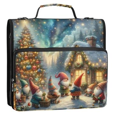 Imagem de Organizador básico de fichário com zíper com 3 anéis, anel D de 3 cm, árvore de gnomos de Natal, vários bolsos, pasta grande com alça de ombro para escola