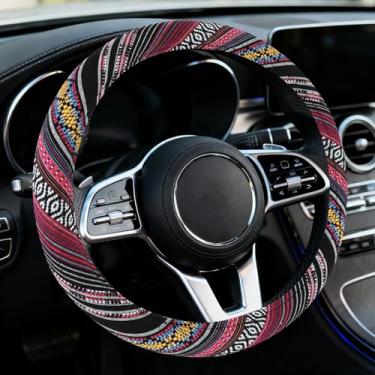 Imagem de Ongfuwu Capa de volante de carro Boho, protetor de volante, estilo étnico, boémia, antiderrapante, respirável, linho, capa para rodas automotivas, serve para 38 cm, acessórios interiores universais