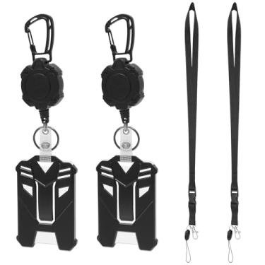 Imagem de Pacote com 2 porta-chaves retráteis para crachá de mosquetão resistente com cordão de aço de 70 cm, 2 unidades de porta-crachás de identificação e 2 alças destacáveis para cartão de visita, 340 g