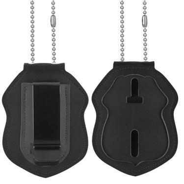 Imagem de Uniclife Porta-crachá de polícia, porta-crachá de oficial de patrulha da NYPD com corrente de contas de aço inoxidável, couro em forma de escudo de couro bovino, capa de identificação com gancho e