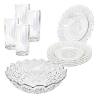 Imagem de Aparelho De Jantar Copos Pratos 9 Peças Vidro com Bowl Grande 2,5L - C