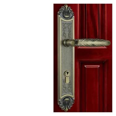 Imagem de PXNQMTJM Fechadura de porta de latão sólido moda europeia fechadura de porta de entrada dourada interior quarto painel de madeira fechadura com alça dourada (bronze verde)