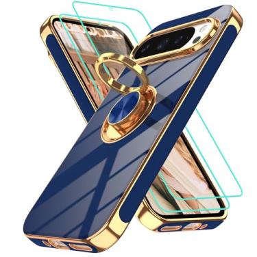 Imagem de Gritup Capa para Google-Pixel-9 Pro: 2 peças de protetor de tela | Suporte magnético de rotação de 360° | Revestimento de borda dourada macia TPU protetora básica para celular Pixel 9 azul