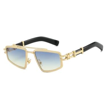 Imagem de HCHES Óculos de Sol Femininos de Luxo Retrô com Ponte Dupla, Lentes Degradê, Proteção UV400, Estilo Punk Masculino (Azul Dourado e Amarelo)