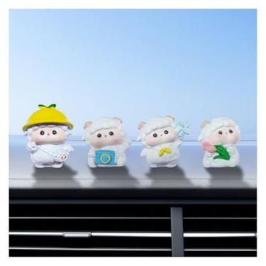 Imagem de 4 peças lindas decorações de painel de carro de ovelha – mini estatuetas de resina para interior de carro, ornamento de espelho retrovisor e decoração de mesa – acessórios engraçados de animais para