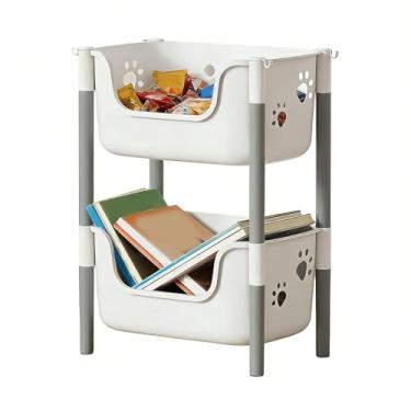 Imagem de Dpofirs Caixas de Armazenamento Empilháveis ​​para Despensa, Organizador de 2 Camadas e Cestas de Armazenamento para Organizar Brinquedos, Livro de Lanche de Comida, (2 camadas branco cinza sem rodas)