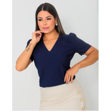 Imagem de Blusa Feminina Manga Curta Social Gola V - Rezes Moda, Azul Marinho, G