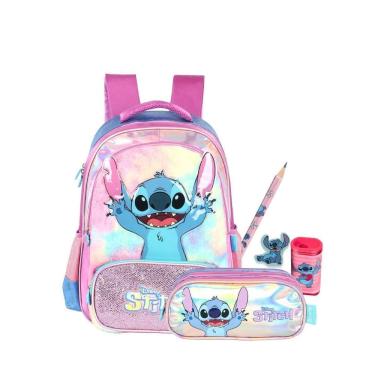 Imagem de Kit Mochila Stitch Costas E Estojo Triplo Holográfico Roxo