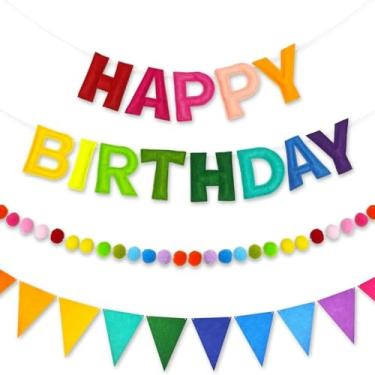 Imagem de Conjunto de faixa de feliz aniversário pré-amarrada e guirlanda de feltro - Decorações de aniversário coloridas para mulheres, homens, meninos e meninas | Artigos de festa reutilizáveis para ambientes