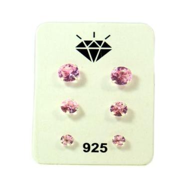 Imagem de Kit Trio Brinco Prata 925 Pedra Zirconia Legitima Garantia Rosa - Loja