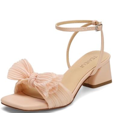 Imagem de TEAIEUI Sandálias femininas de salto com laço e bico quadrado aberto para noivas, salto grosso, salto baixo, tira no tornozelo, sapatos sociais para festas, Nude., 38