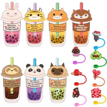 Imagem de PARSUP Cartões de dia dos namorados para sala de aula escolar, pacote com 24 cartões de dia dos namorados com 24 tampas de canudo para copo Stanley de 76 e 4 onças com copos, tampa de 10 mm