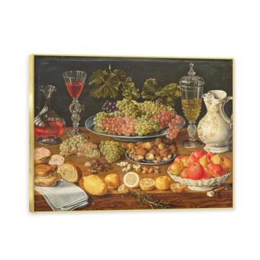 Imagem de Moldura dourada. Arte vintage emoldurada de frutas mortas, pintura clássica de cozinha country, decoração de parede de casa de fazenda quente para sala de jantar e cozinha. B13. 50 x 65 cm-19,7 x 25,6