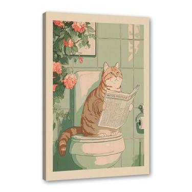 Imagem de Tela de arte de parede japonesa para banheiro com gatos ler jornal flor abstrata impressão animal engraçado pintura zen minimalista casa spa decoração banheiro (SKU3,40.6x50.8 cm = (40x50 cm