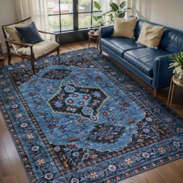 Imagem de Tangsoo Tapete de área lavável azul 10 x 15 cm, tapete oriental interno para sala de estar, boho antiderrapante, lavável na máquina, tapetes grandes, vintage, macio, de pilha baixa, dobrável para
