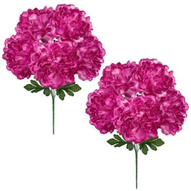 Imagem de Briful Pacote com 2 buquê de flores artificiais rosa choque peônias de seda sintética 39,9 cm, arranjo floral, hastes de flores falsas para casa, escritório, festa de casamento, vaso de mesa