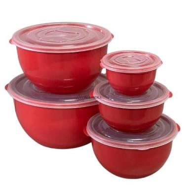 Imagem de Kit Conjunto Jogo de 5 Potes Vermelho Plásticos Bowl Redondo Com Tampa