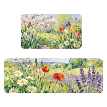 Imagem de Tapetes de cozinha de primavera para chão, conjunto de 2 tapetes de cozinha em aquarela, colorido, floral, verão, estampa de flores, tema sazonal, antiderrapante, lavável, absorvente, para o verão