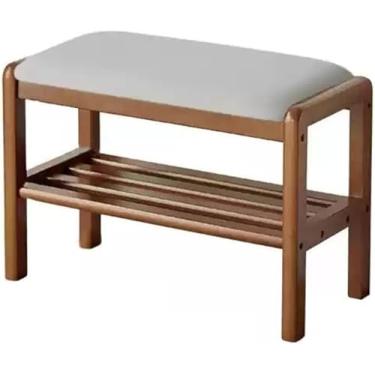 Imagem de Banco de madeira maciça com prateleira de armazenamento, sapateira para porta da frente, organizador de sapatos pequeno para entrada, sala de estar, corredor (60 cm, cinza)