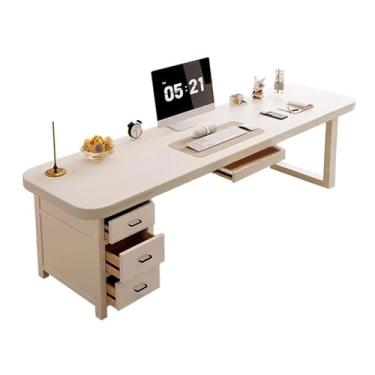 Imagem de x3anggyt5 Mesa de escrita de madeira versátil para PC com armazenamento, mesa de escritório moderna em casa com bandeja de teclado e 3 gavetas, branca fácil de instalar (120 x 60 x 75 cm)