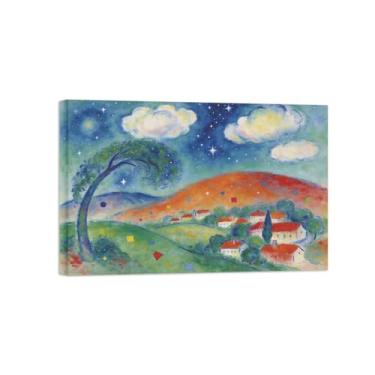 Imagem de Impressão em tela de arte de parede de paisagem - Vila montanha nuvens árvore pintura decoração quadros para sala de estar pronto para pendurar tela embrulhada 60x90cm24x35in