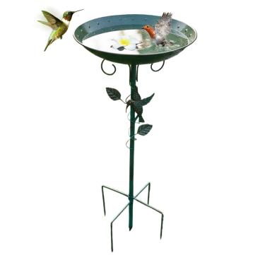 Imagem de Banheira para pássaros ao ar livre, prato de banho de alimentador de pássaros, banho de metal para pássaros com design de beija-flor, alimentador independente de pássaros de jardim, verde, 65 x 28 cm