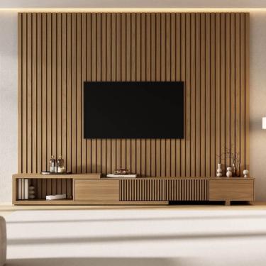 Imagem de Rack Extensível Ripado C/ Painel Ripado P/ Tv 86 Polegadas 280x250cm Aruá Cabecasa Madeiraoriginals Jatoba