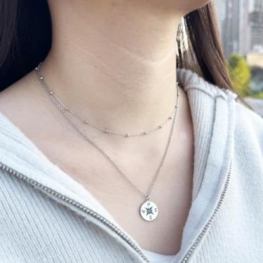 Imagem de Jewanfix Colar em camadas banhado a ouro 14K feminino, conjunto de colar de prata, corrente de cobra, pedra colorida, moda cruzada para mulheres, ‘16+2’ ‘18+2’, Aço inoxidável, Sem Pedra Preciosa