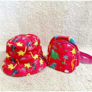 Imagem de Kit Chapéu Boné Bucket Mais Mochila Dupla Face Feminino Moda Praia Infantil vermelho Estampado