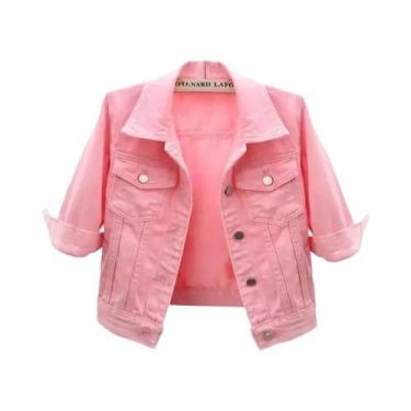 Imagem de Jaqueta Jeans Feminina Rosa Roxa Amarela Curta Casual Solta Para Prima