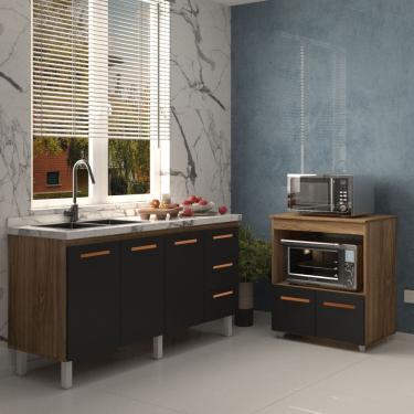 Imagem de Balcão Cozinha Armário Gabinete de Pia 160 cm Estela e Balcão para Forno Elétrico e Microondas Amanda Savana Preto