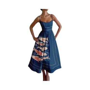 Imagem de Vestido Maxi Estampado Peixe Oceano Azul Para Mulheres, Sexy, Com Alça