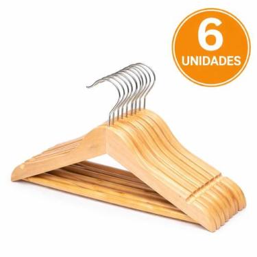 Imagem de 6 Cabides de Madeira Reforçado Com Verniz Gancho Giratório - CLEAN TEC