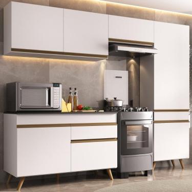 Imagem de Armário Cozinha Modulada Compacta 252cm Com Balcão Veneza Multimóveis Mp3762 Branco/dourado