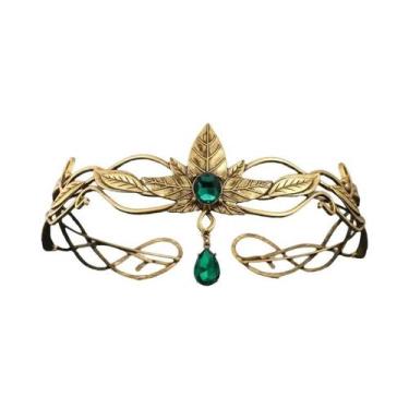 Imagem de Tiara Vintage Dourada Com Coroa De Cristal E Folhas, Acessório De Cabe