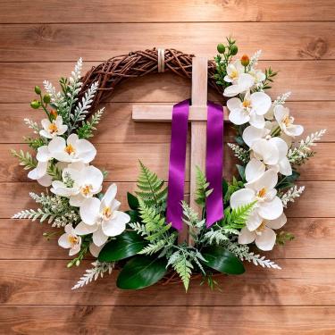 Imagem de Guirlanda Cruz Flores Sagrada Enfeite Decoração Páscoa 45cm