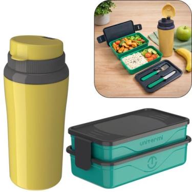 Imagem de Kit Marmita Fit Unitermi Talheres Divisórias Copo Térmico Miami 650ml 