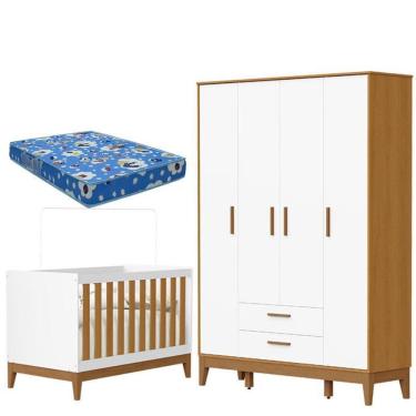 Imagem de Guarda Roupa Infantil 4 Portas com Berço Americano Flip Branco Acetinado Savana com Colchão Ortobom - Reller