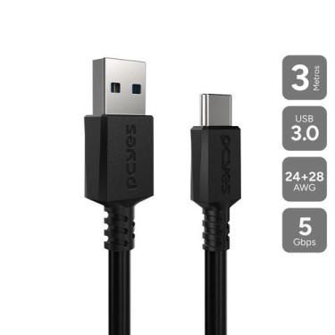 Imagem de Cabo Usb A 3.0 Macho P/ Usb Tipo-c - Preto - 3 Metros - Pucap3-3 - PCY