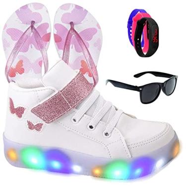 Imagem de Tenis Feminino Botinha De Led Tira Colante Borboleta Glitter Luzinha + Chinelo + Brindes Cor:Branco;Tamanho:23