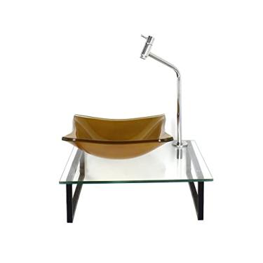 Imagem de KIT CUBA DE VIDRO QUADRADA 10MM DOURADO REAL COM TAMPO 40CM INCOLOR E SUPORTE PRETO