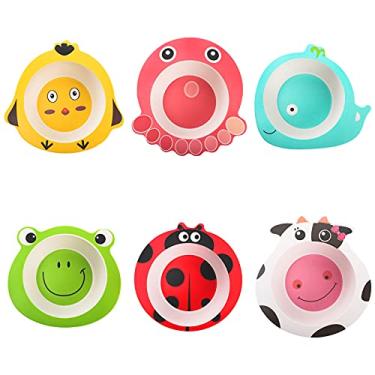 Imagem de ZEAYEA Pacote com 6 tigelas infantis de bambu, 355 ml inquebráveis em forma de animal para crianças, tigela de lanche reutilizável sem BPA, utensílios de mesa para servir sopa, cereal, massas, sorvete