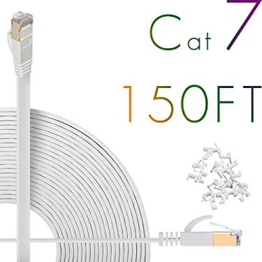 Imagem de Cabo Ethernet Cat7 de 1,8 m de cabo de rede de computador sólido blindado de alta velocidade plana (STP) com conectores RJ45 Snagless duráveis e finos de Internet LAN para modem, roteador. Mais rápido do que o Cat5e/Cat5/cat6 (branco), 150 ft/White, 150 feet